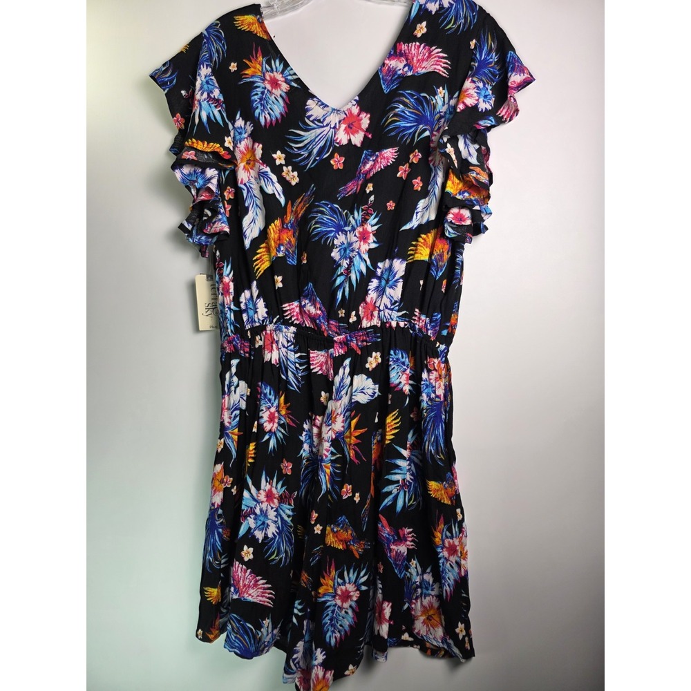 Terra & Sky Women Plus Size Tropical Floral Parrot Ruffle Sleeve Romper Black - Picture 5 of 9